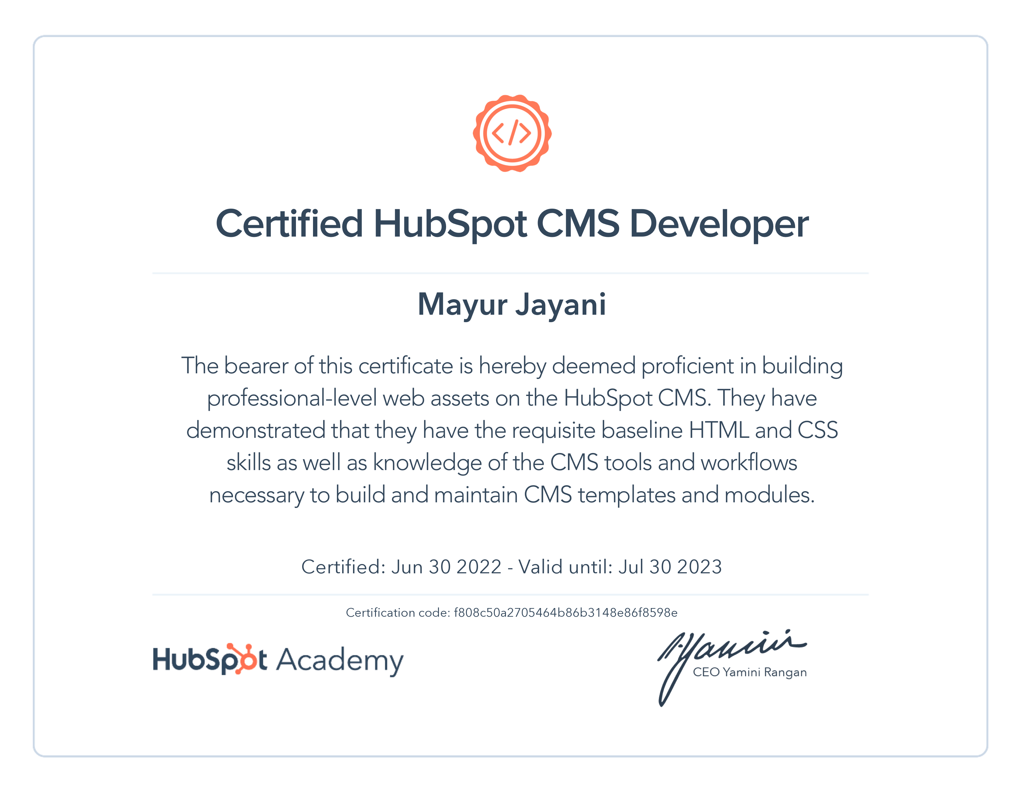 Mayur Jayani CMS Certification